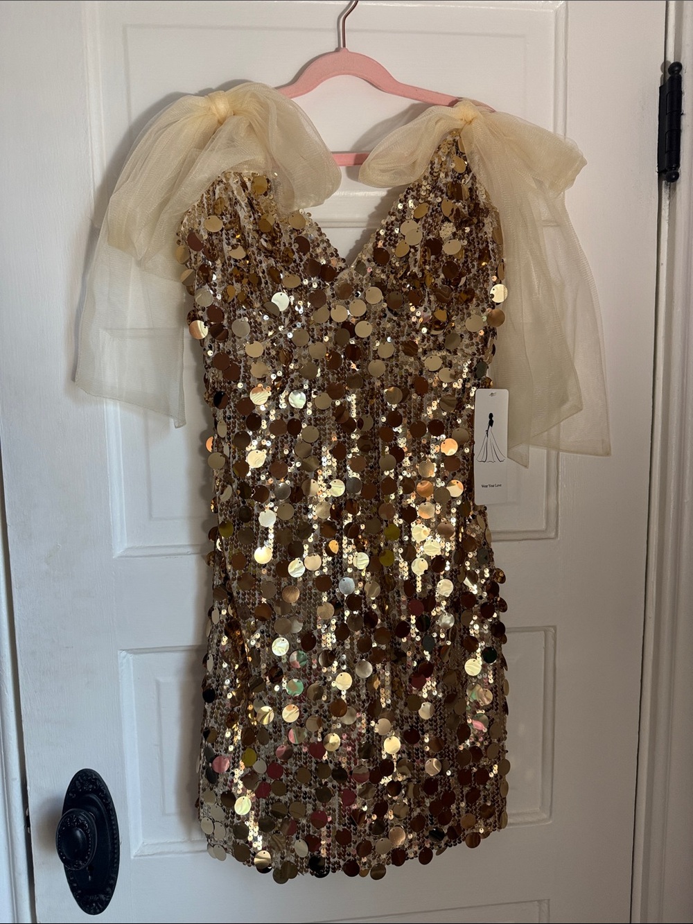 Gold Sequin Party Dress with Tulle Shoulder Bows